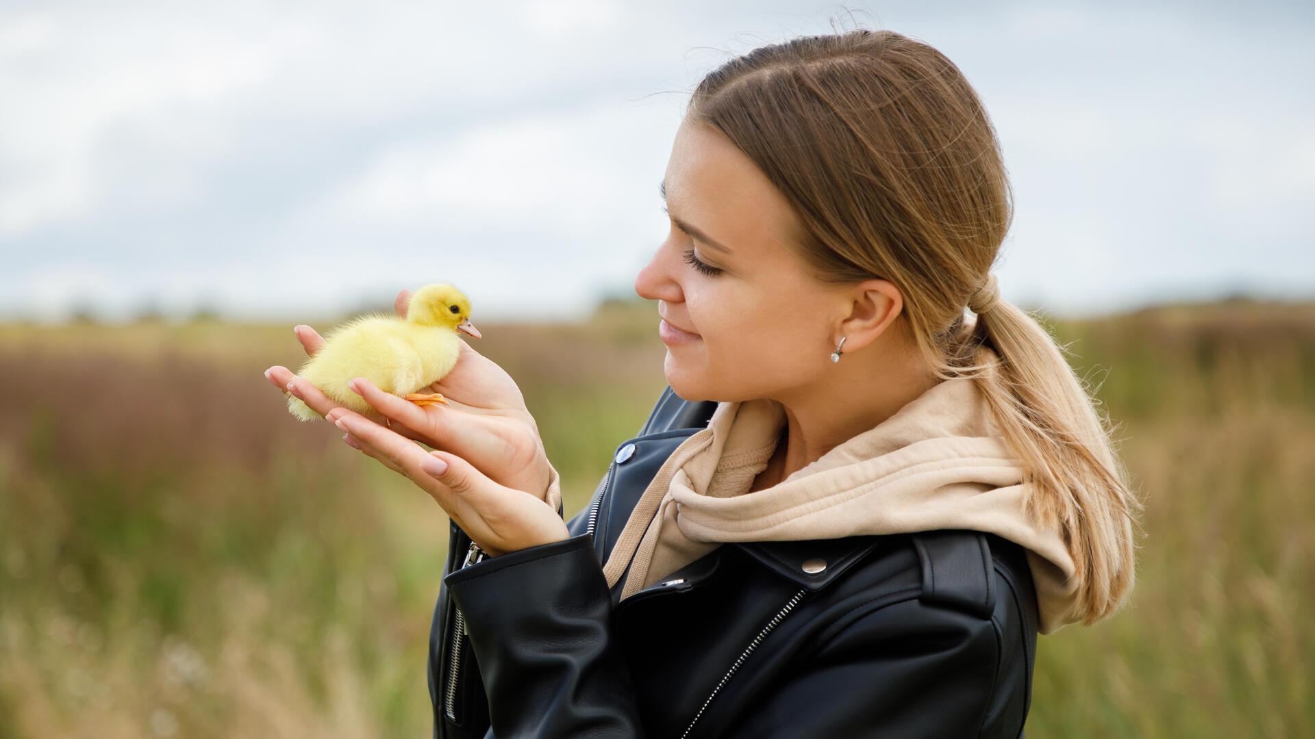 Junge Frau auf dem Feld mit einer kleinen Ente in der Hand